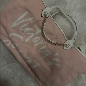 Victoria's Secret Pink Canvas Tote with White Trim and Gold Chain Accent